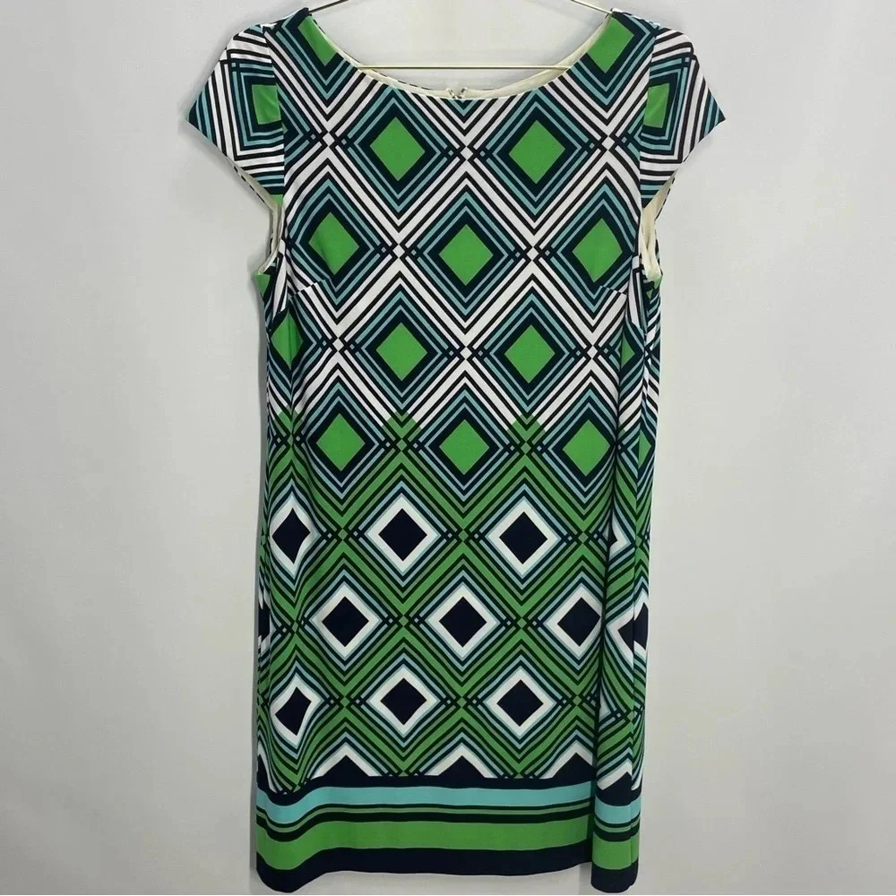 Eliza J Geometric Art to Wear Unique  Green Navy Cap Sleeve Shift Midi Dress - Picture 2 of 8